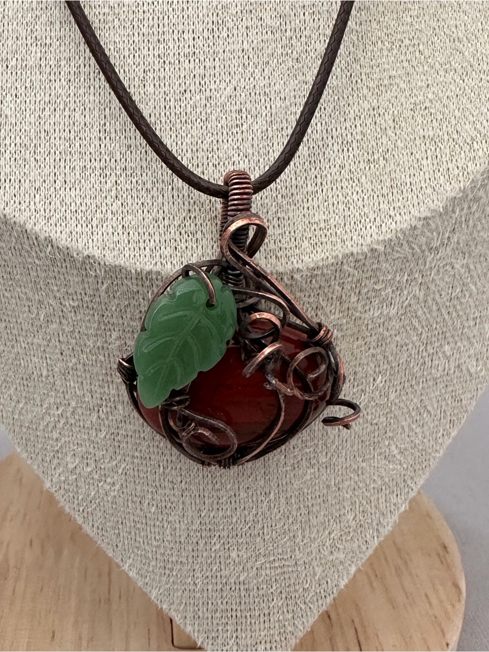 Handcrafted Copper Wire Red Jasper Pendant Necklace with Green Leaf Accent